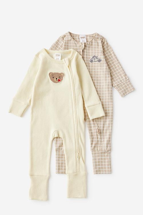 2 Pk Long Sleeve Zip Romper - Lemon Squash / Bear Kiss & Latte Cream Love Bug
