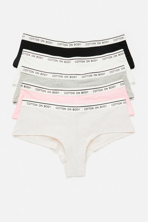 Branded Cotton Cheeky Boyshort 5Pk - Black/Greymrle/White/Blushbride/Bscotchmrle