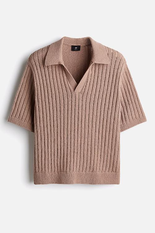 Loose fit rib-knit polo shirt - dark beige