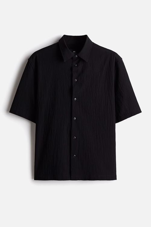 Regular fit crinkled short-sleeved shirt - black