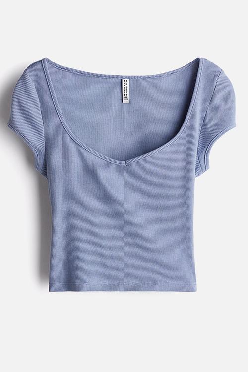 Ribbed sweetheart-neck T-shirt - pigeon blue