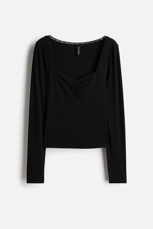 Lace-trimmed ribbed top - black