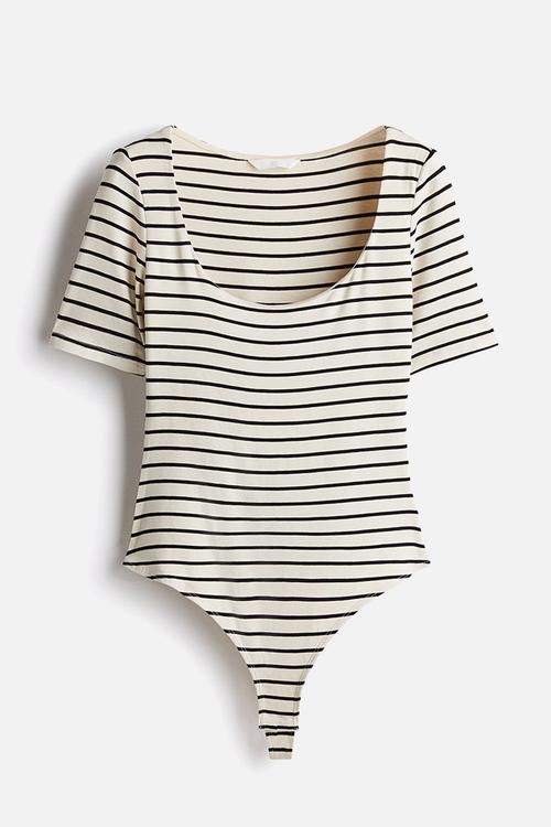 Square-neck thong body - cream & black striped
