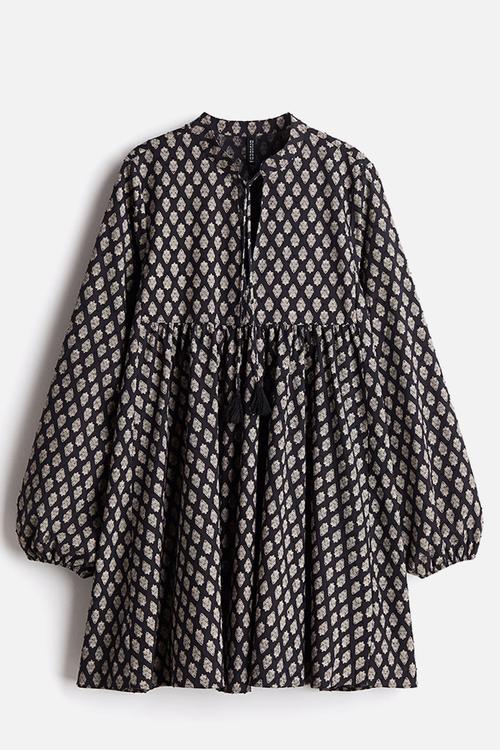 Tie-detail cotton dress - black patterned