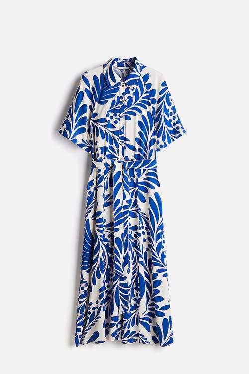 Tie-belt shirt dress - white & blue patterned