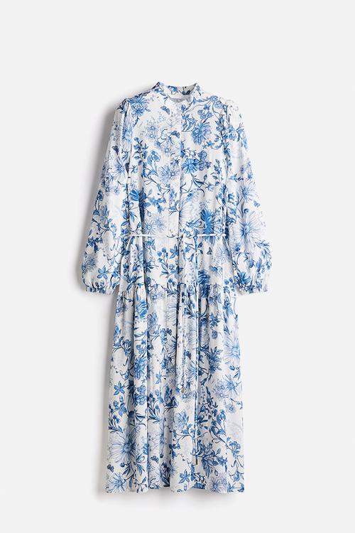 Long puff-sleeved dress - white & blue floral 