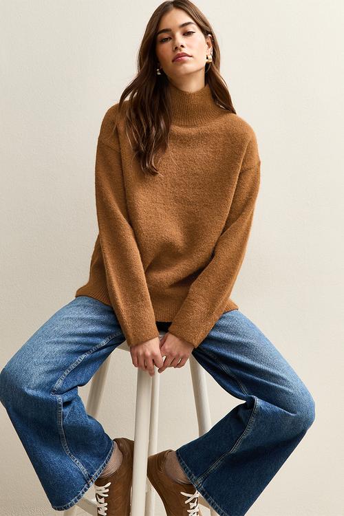  Longline Stand Neck Jumper - tan