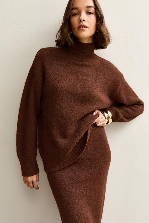  Longline Stand Neck Jumper - dark brown