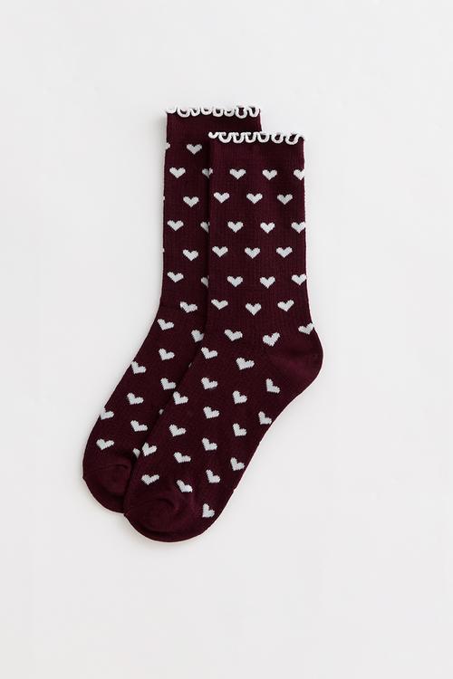AOP heart frill socks - burgundy