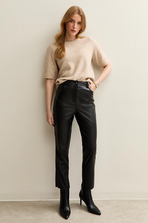 Faux Leather Straight Leg Trousers - black