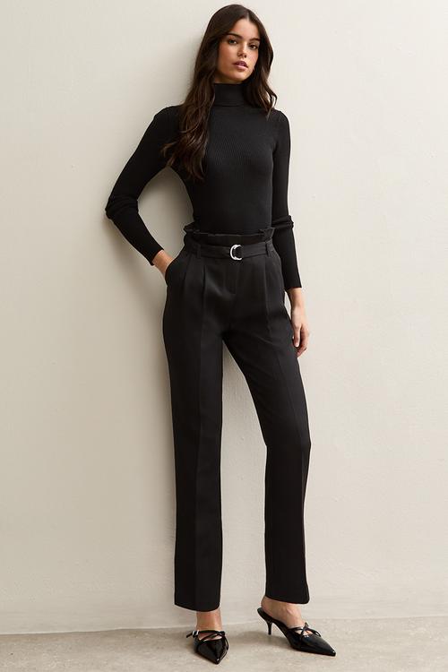 Belted Paperbag Waist Trousers - black