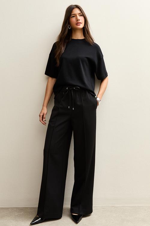 Wide Leg Drawstring Trousers - black