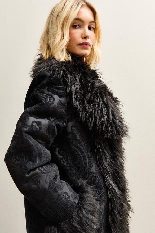 Printed suedette mix fur coat - black