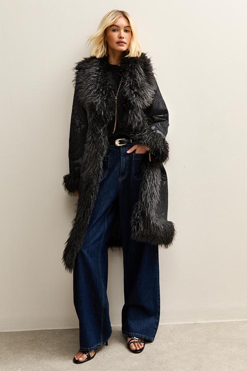 Printed suedette mix fur coat - black