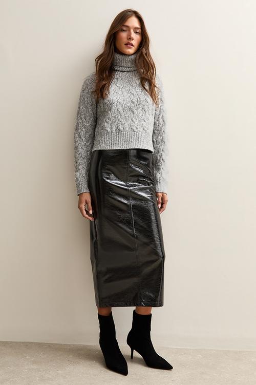 Cracked Faux Leather Midi Skirt- black