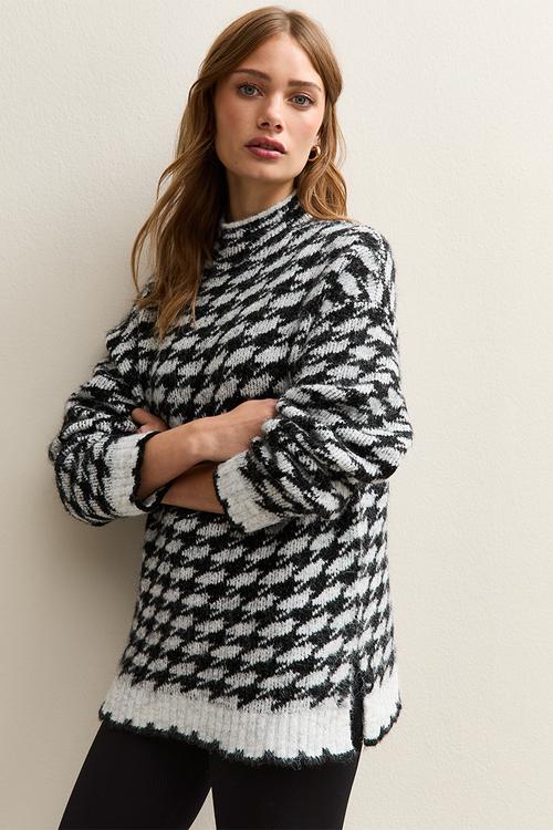 Houndstooth High Neck Jumper - lt grey