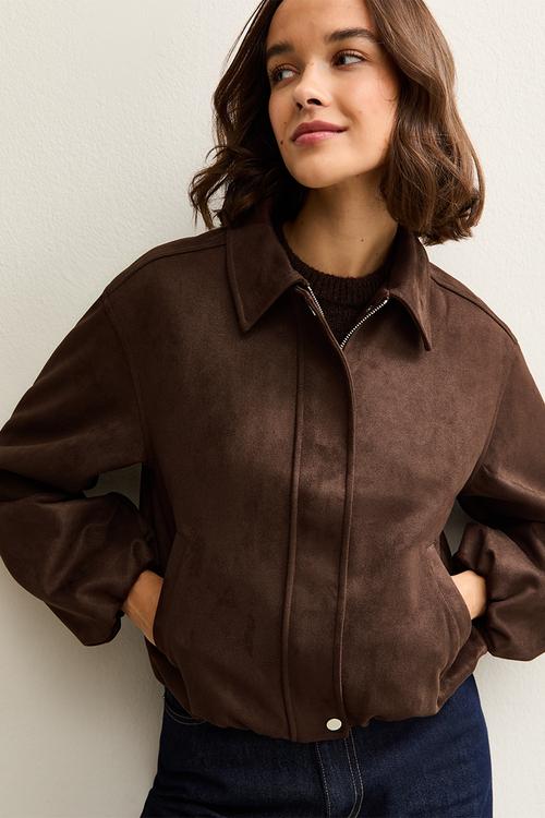 Suedette bubble hem jacket - dk brown