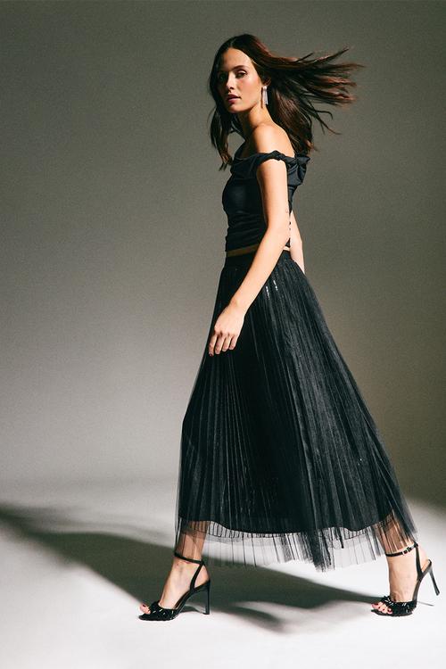 Sequin Tulle Midi Skirt- black