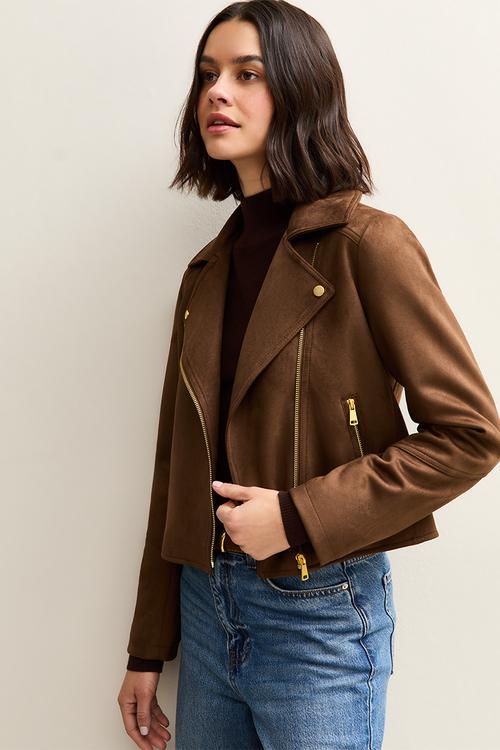 Suedette biker jacket - dk brown