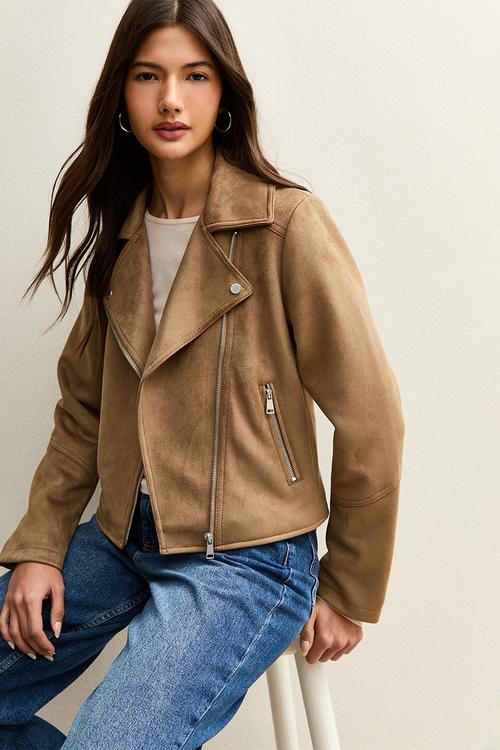 Suedette biker jacket - tan