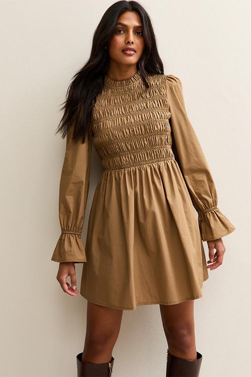 Ex ls poplin shirr bodice mini - camel