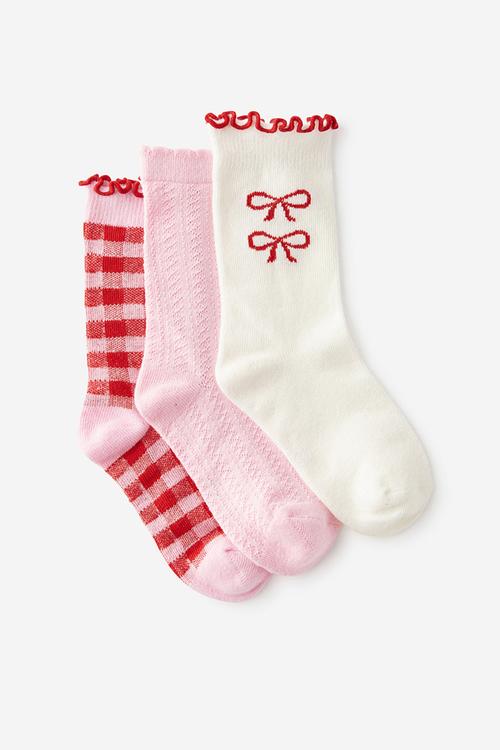 3Pk Crew Socks - Blush Pink/Varsity Red Bows