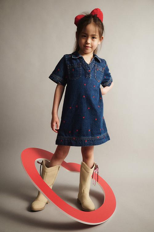 Denim Polo Dress - Mermaid Midnight Blue/Heart Embroidery