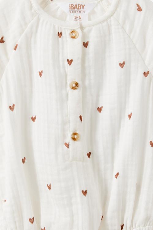 Organic Cotton Cheesecloth Bubblesuit  -  Milk/Little Love Hearts