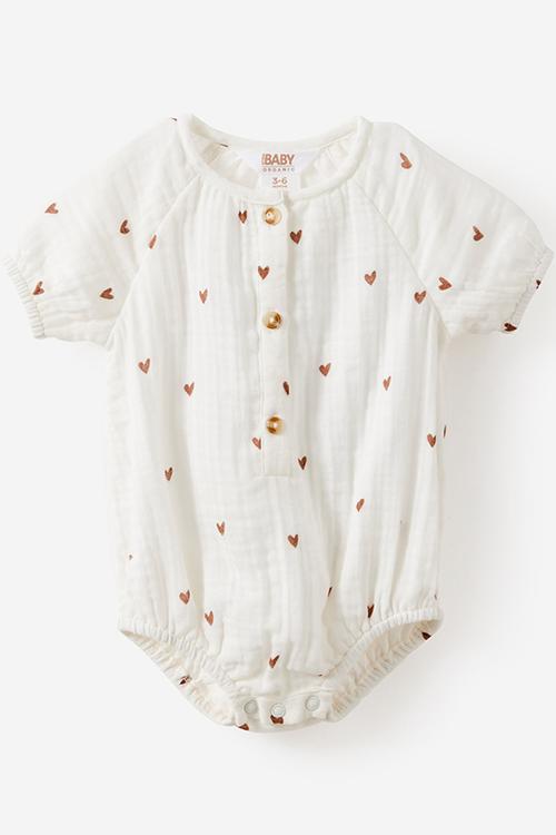 Organic Cotton Cheesecloth Bubblesuit  -  Milk/Little Love Hearts