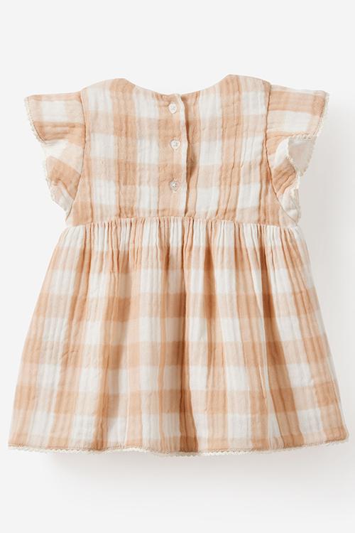 ORGANIC WOVEN FLUTTER SLEEVE DRESS - LATTE CREAM/GINGHAM