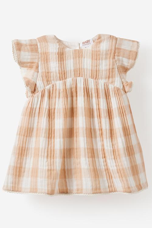 ORGANIC WOVEN FLUTTER SLEEVE DRESS - LATTE CREAM/GINGHAM