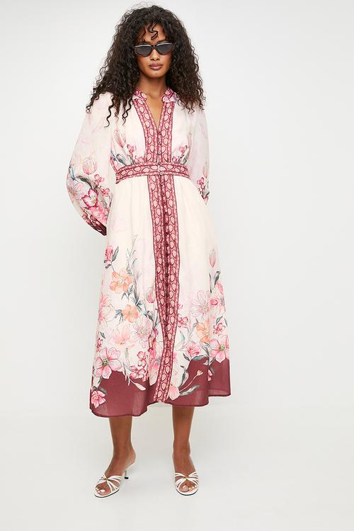 Burgandy floral midi dress - multi 