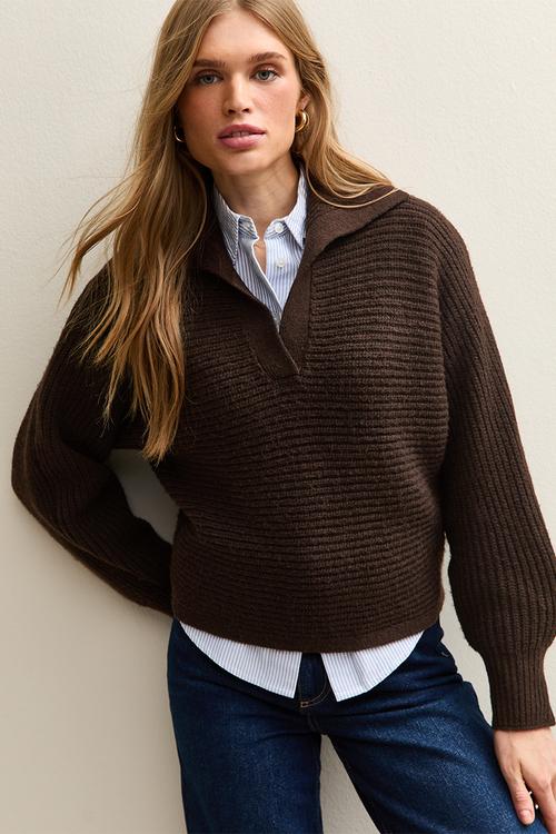 Stitchy Polo Batwing Jumper - dk brown