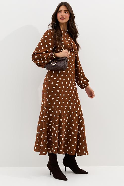 Dotty spot godet midi - brown