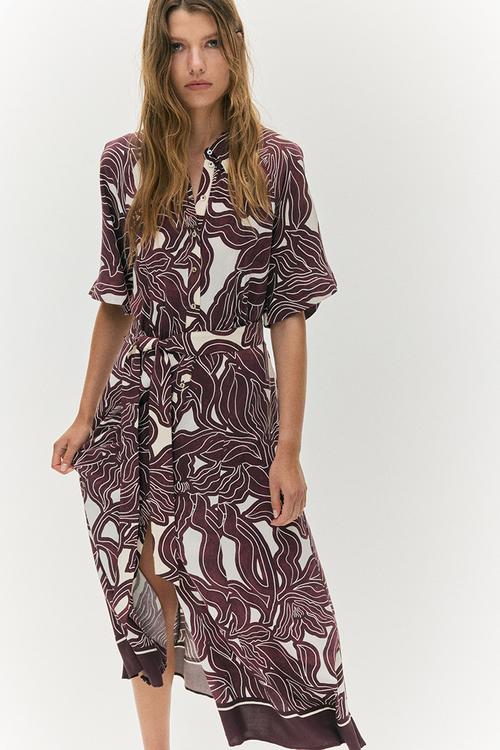 Tie-belt shirt dress - white/burgundy floral 