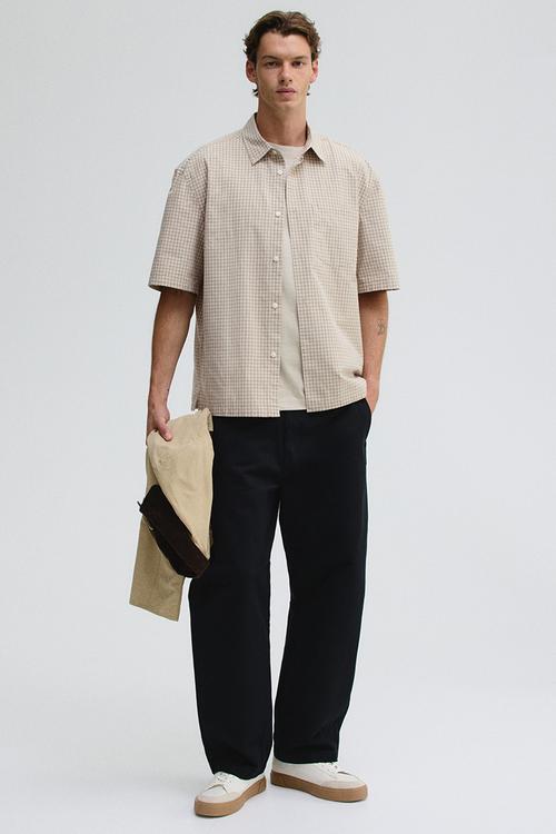 Relaxed fit short-sleeved shirt - beige checked