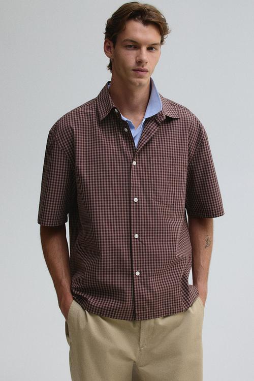 Relaxed fit short-sleeved shirt - brown checked