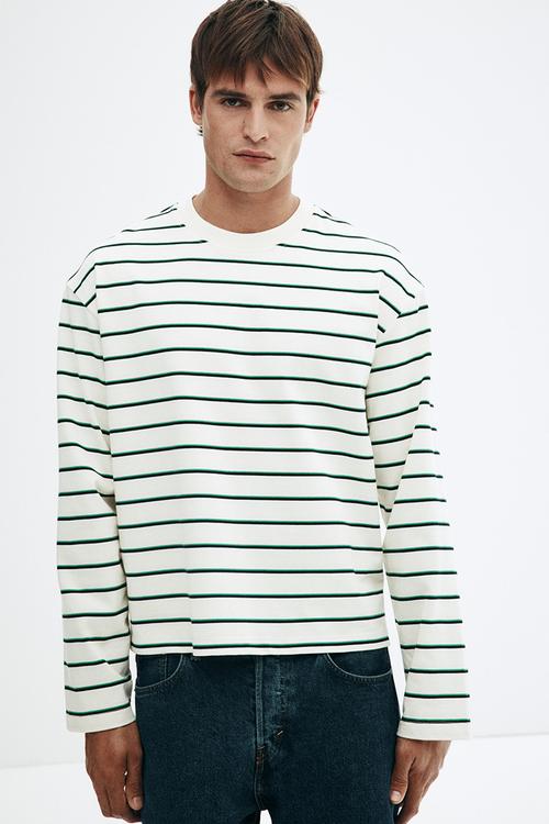 Loose fit long-sleeved jersey top - green & white striped