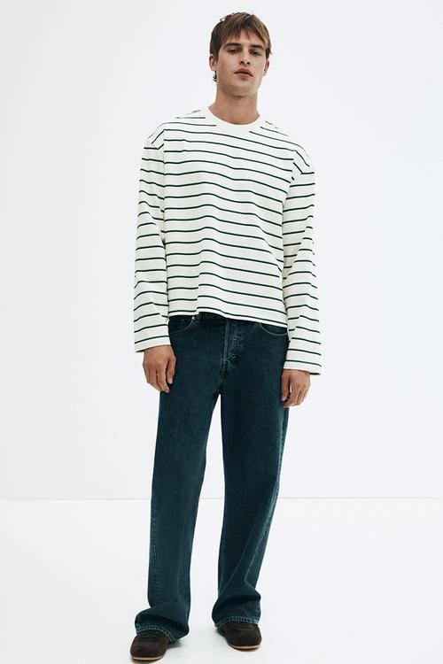Loose fit long-sleeved jersey top - green & white striped