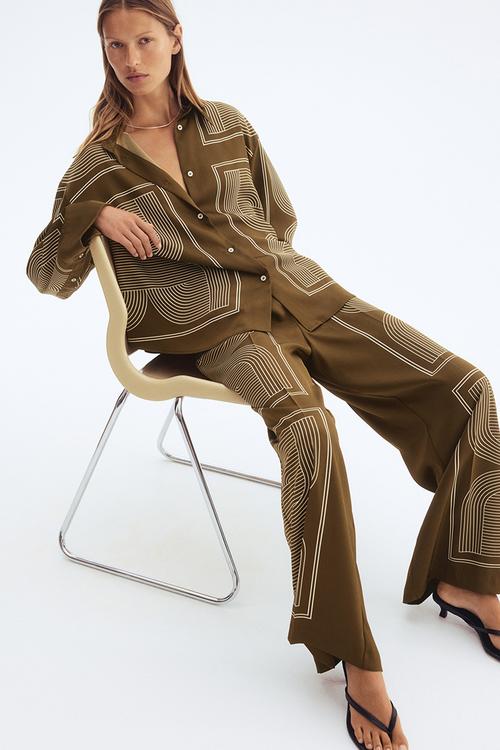 Straight trousers - dark khaki green/patterned