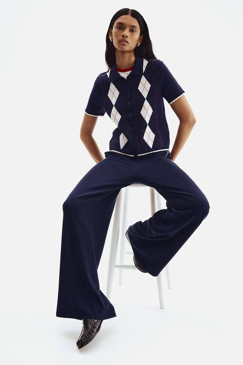 Short-sleeved cardigan - dark blue argyle pattern