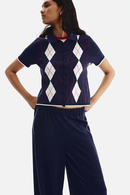 Short-sleeved cardigan - dark blue argyle pattern