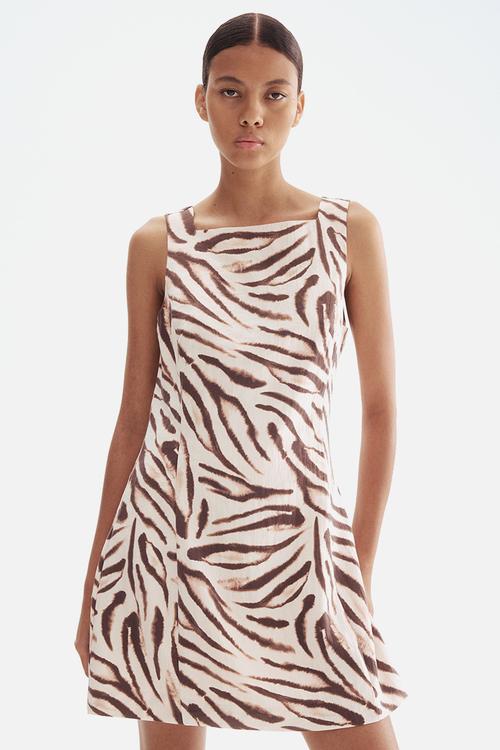 Square-neck twill dress - light beige/zebra print 