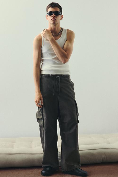 Loose fit washed cargo trousers -  khaki green