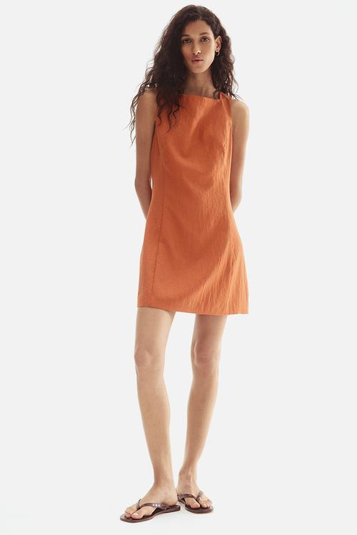 Square-neck twill dress - orange