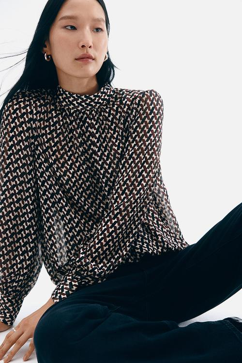 Stand-collar blouse - dark brown patterned