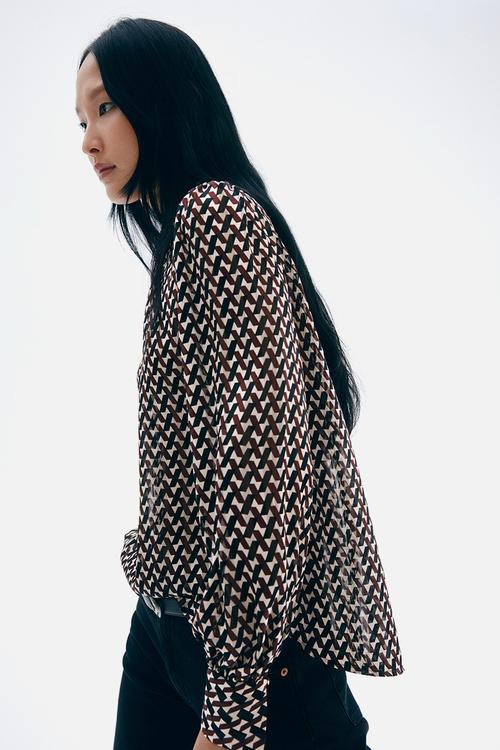 Stand-collar blouse - dark brown patterned
