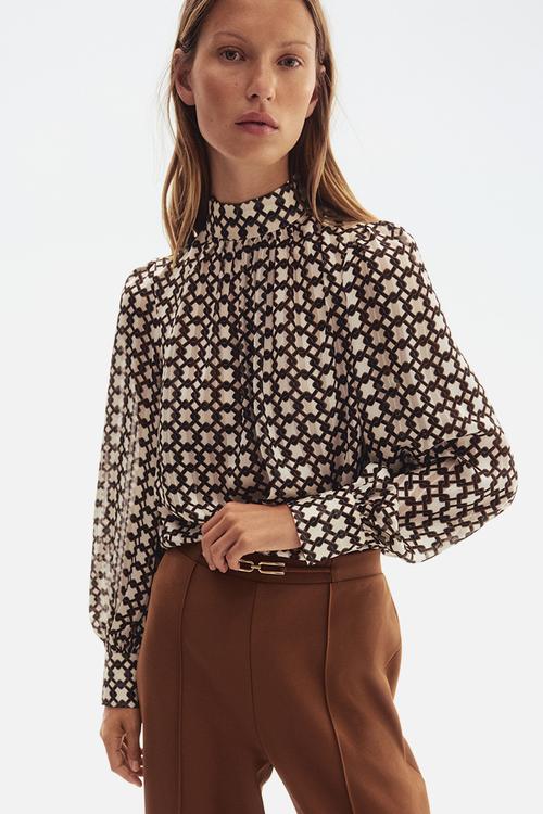 Stand-collar blouse - brown/patterned - 1292620004