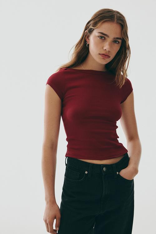 Ribbed boat-neck top - dark red 