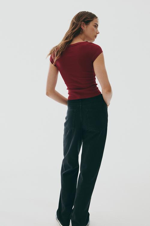 Ribbed boat-neck top - dark red 